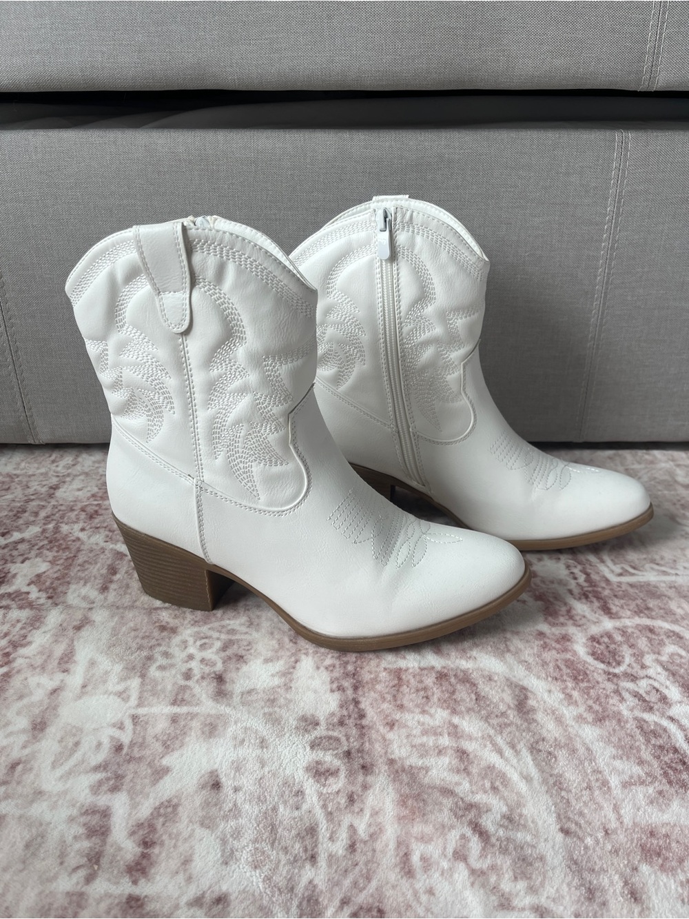 Amazon White Western Ankle Boots with Stacked Heel